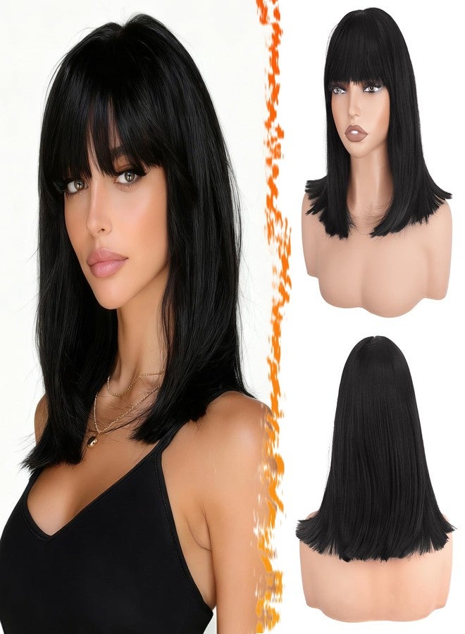BARSDAR Short Black Bob Wig With Bangs - Black Bob Wig With Bangs for Women - 14 Inch Natural Looking Thick Soft Synthetic Hair Replacement Wigs Daily Party Halloween Retro Costume Wigs - Image 1